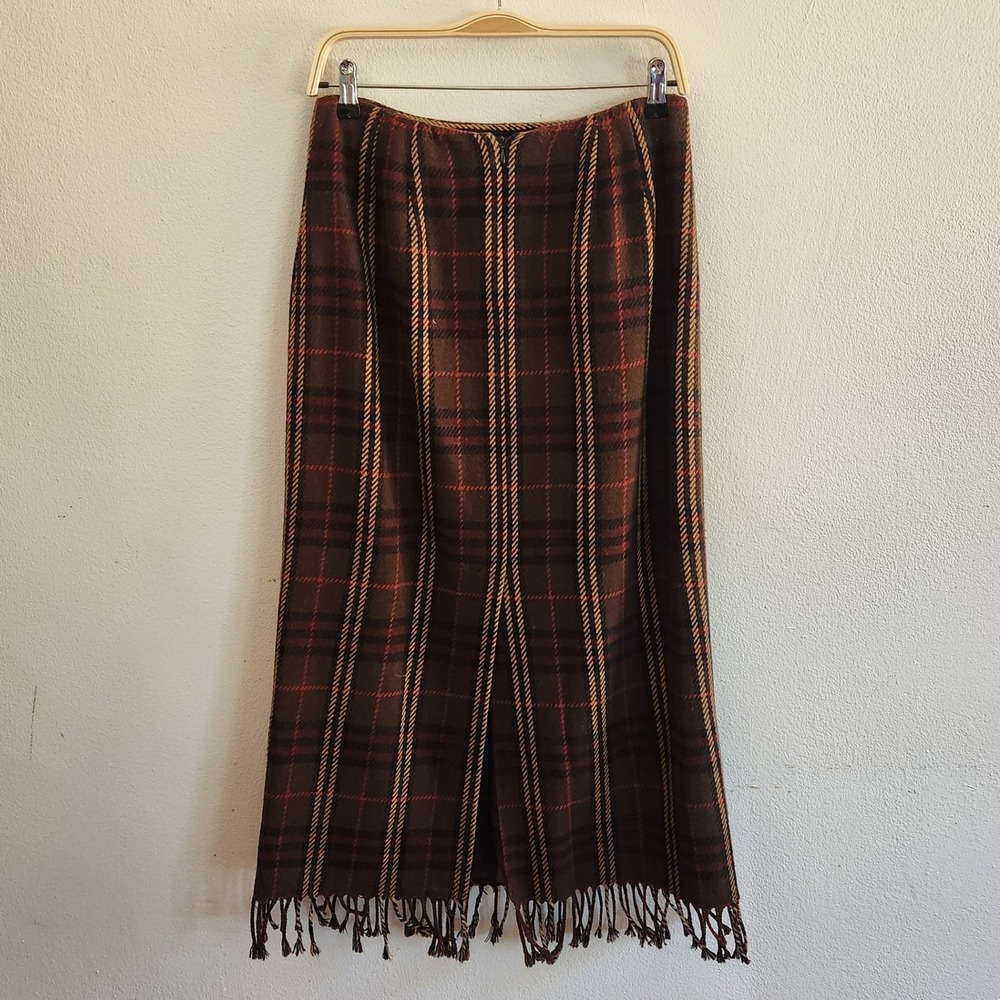 Vintage Worthington Fringed Plaid Flannel Blanket Maxi Skirt 8 Wool Blend Preppy - Picture 2 of 11